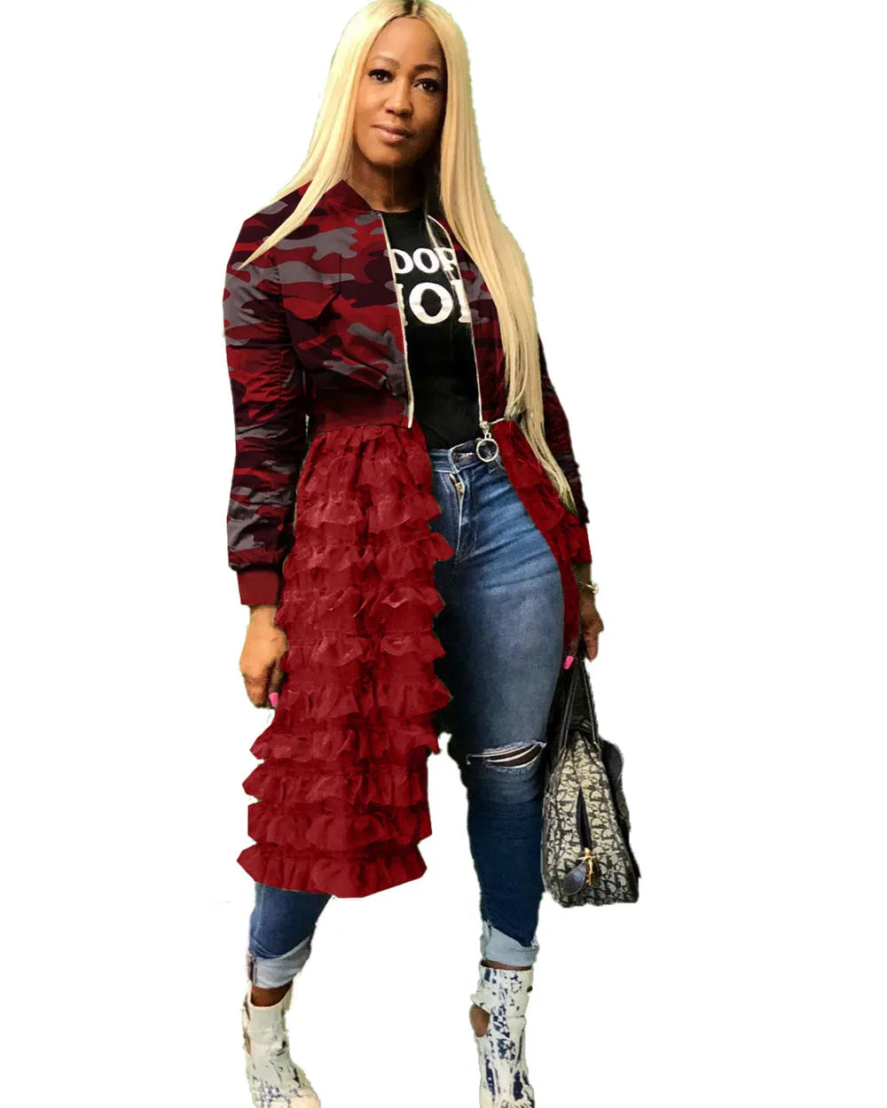 Camouflage Bomber Jacket Women Autumn Winter Streetwear Harajuku Jackets Layered Ruffle Long Coat Outwear Chaquetas