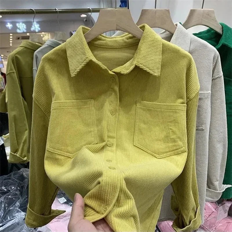 Solid Color Spring Female Corduroy Shirt Coat Women Leisure Long Sleeved Cardigan Blouse Jackets Ladies New Fashion Outwear