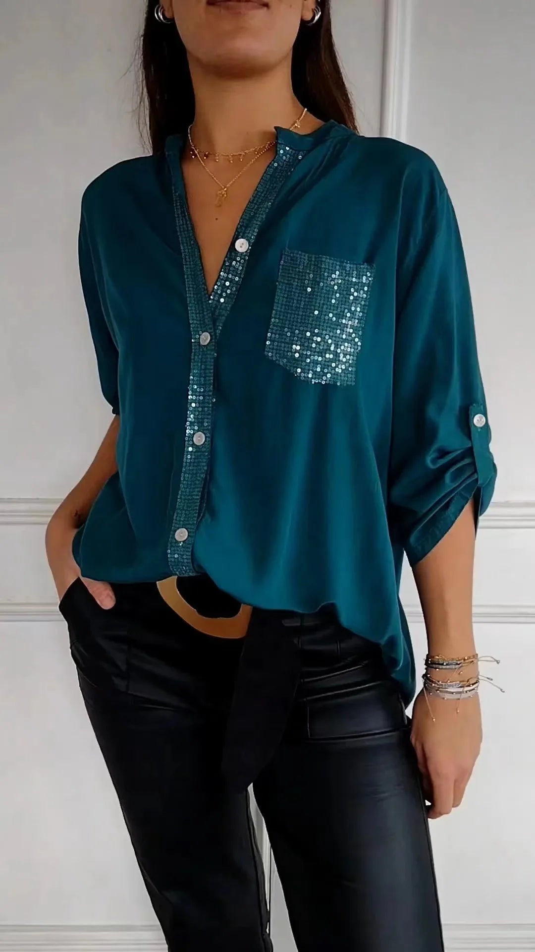 Women Pocket Sequined Blouse Shirts Summer Casual Female Button Lantern Sleeve Bling OL Workwear Blouse Tops 2025