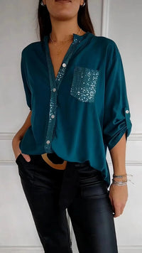 Women Pocket Sequined Blouse Shirts Summer Casual Female Button Lantern Sleeve Bling OL Workwear Blouse Tops 2025