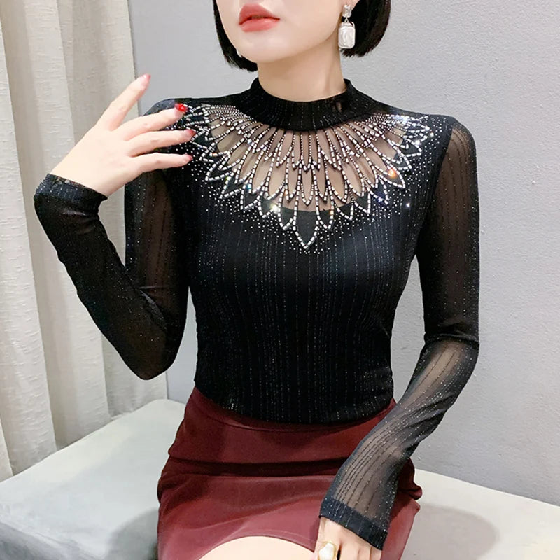 New 2025 Spring Autumn Long Sleeve T-Shirt Fashion Casual Turtleneck Diamond Woman Tee Elegant Slim Women's Tops Blusas