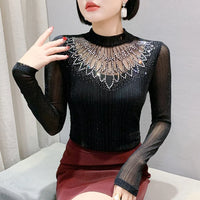 New 2025 Spring Autumn Long Sleeve T-Shirt Fashion Casual Turtleneck Diamond Woman Tee Elegant Slim Women's Tops Blusas