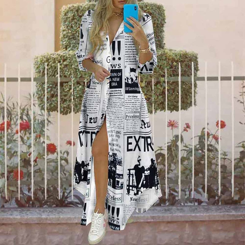 Women Boho Printed Long Shirts Dress Summer Turn-down Collar Long Sleeve Party Dress Female Casual Evening Maxi Dresses Vestidos