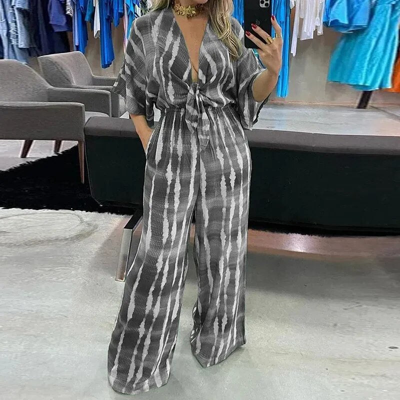 Women Jumpsuit Printed Hanging Neck Sexy Backless Lace-up Slit Jumpsuit Loose Wide Leg Pants Bare Shoulder Casual Romper Women