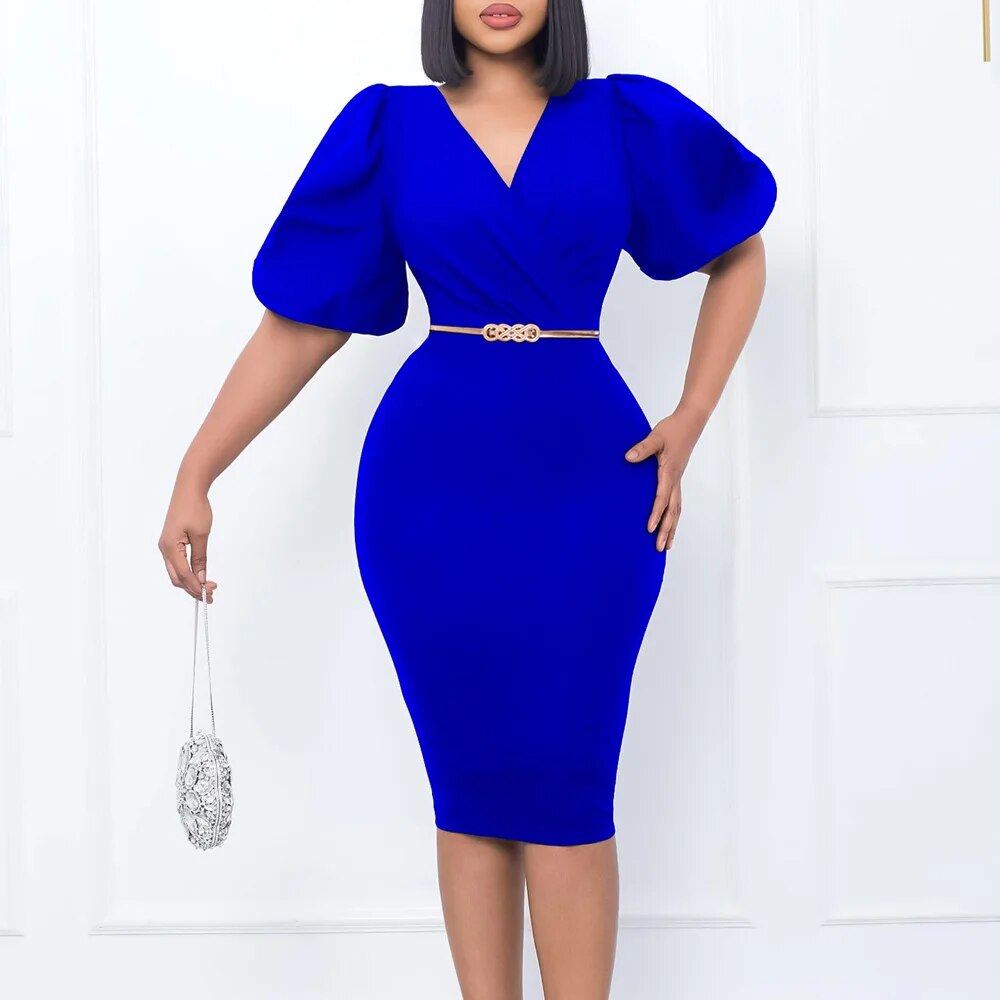 African Clothing Ladies Wear Elegant Fashion Puff Sleeve Church Dresses Women Sexy V Neck Straight Midi Dress with Belt