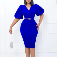 African Clothing Ladies Wear Elegant Fashion Puff Sleeve Church Dresses Women Sexy V Neck Straight Midi Dress with Belt