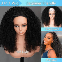 Glueless Human hair Wigs Kinky Curly Headband Wig Upgrade 3 IN 1 Half Wig With Drawstring Seamless Clip Ins Flip Over For Women