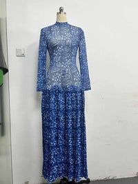 Royal Blue Dress for Women Mid-turtleneck High Waist Transparent  Light Long Dress with Sleeves Streetwear Pleated Maxi Dress