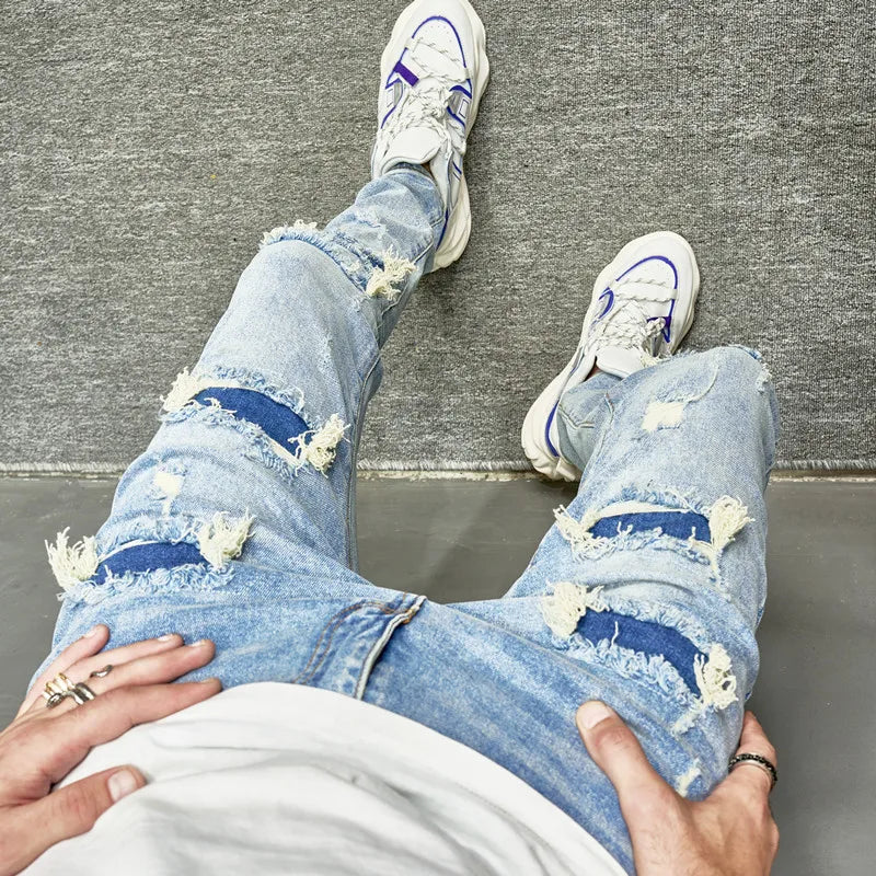 Street Stylish Men Holes Patch Skinny Pencil Jeans Pants Male Ripped Solid Slim Denim Trousers For Men's