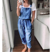 Spring Autumn Thin Loose Casual Womens Denim Jumpsuit Lace Up Elastic Waist Overalls Solid Color Wide Leg Trousers Bodysuit 6218