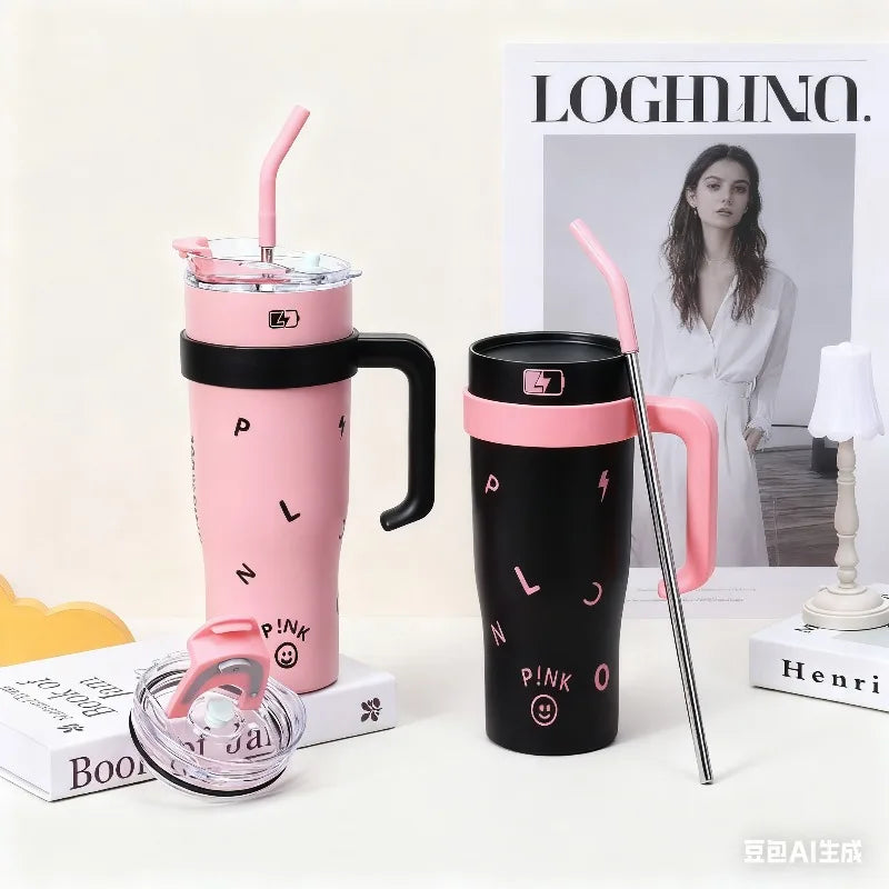1200ml 304 stainless steel insulated cup, ice cup, large capacity portable straw cup, can keep hot water and can keep ice