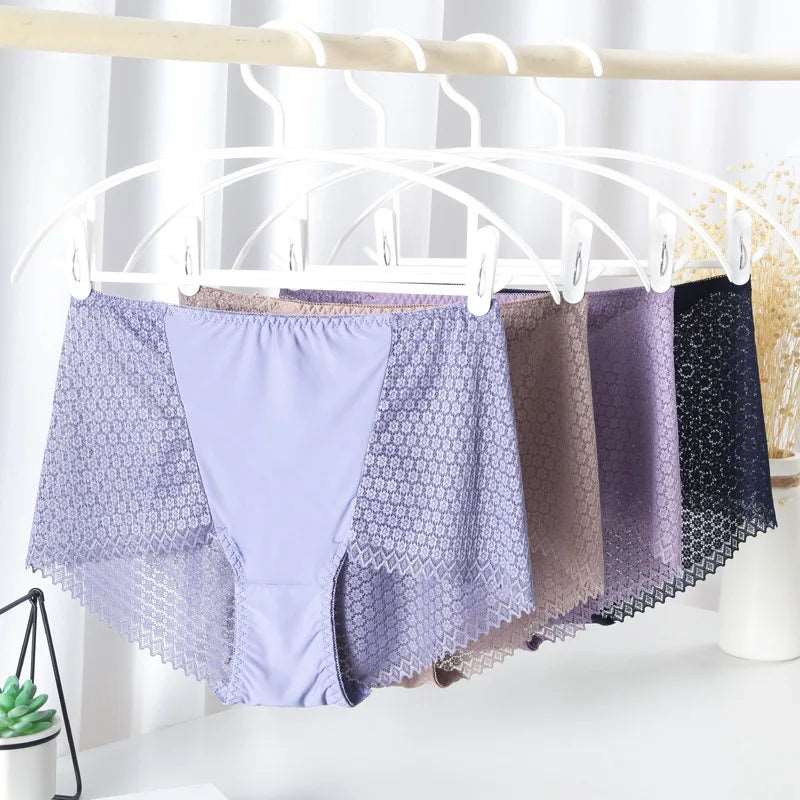 10 colors/large size sexy transparent hollow full lace high waist ice silk women's boxer shorts breathable elastic solid color