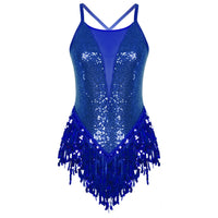 Womens Sparkly Tassel Bodysuit Sequins Gymnastics Ballet Dance Leotard Fringed Jumpsuits Latin Jazz Dance Performance Costume