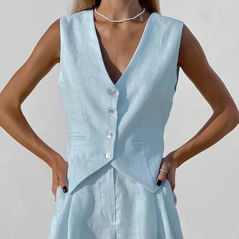 2023 summer Women Cotton Linen Waistcoat Solid Single Vest Tops Two Piece Set Basic Wide Leg Shorts Outfits Y2K office lady