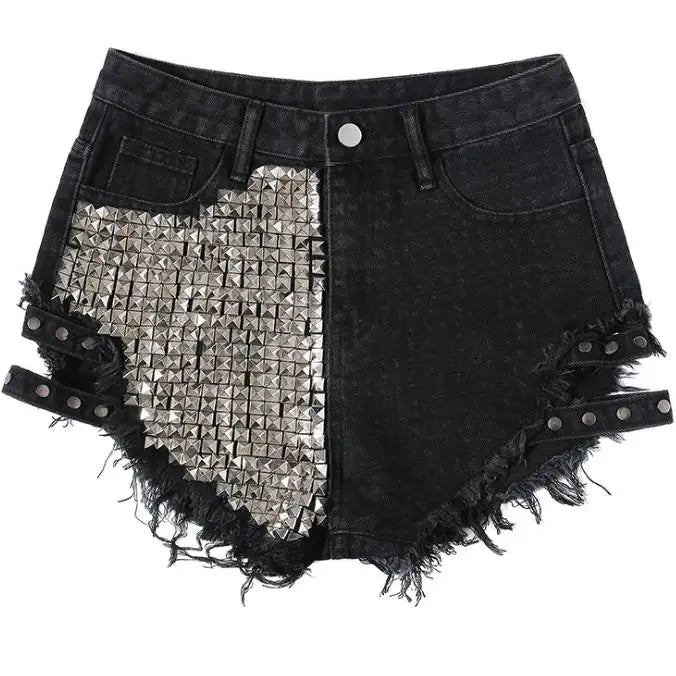 Rivet denim shorts summer spring women high waist loose tassel jeans shorts