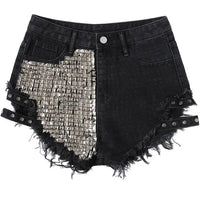 Rivet denim shorts summer spring women high waist loose tassel jeans shorts