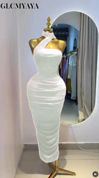 CM.YAYA Women Sleeveless Stacked Ruched Scarf Collar Bodycon Midi Maxi Dress 2026 Street Parties Education Long Dresses Vestidos