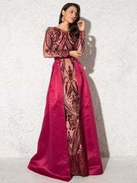 Green Sequined O Neck Full Sleeved Evening Party Dress Stretchy Floor Length Ball Gown with Detachable Train Burgundy