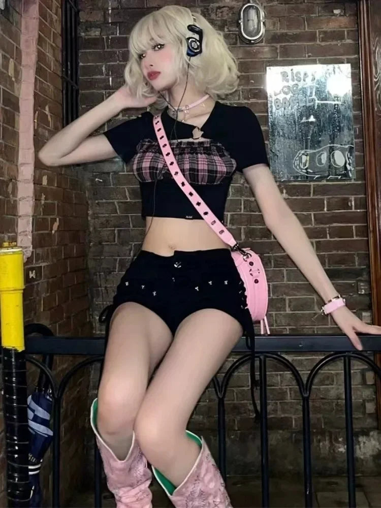 Black Denim Shorts for Women Skinny Bandage Design Y2k Sexy Girls Tender Low Waist Vintage American Style All-match Fashion Ins