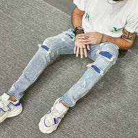 Skinny Denim Pants Men Jeans Holes Vintage Wash Pencil Pants 2025 Pockets Solid Casual Slim Fit Punk Style Spliced Distressed