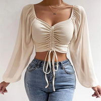 Horetong Women's Sexy V-neck Off-Shoulder Blouses Summer Drawstring Bandage Long Sleeve Tops Ladies Korean Fashion Short Clothes