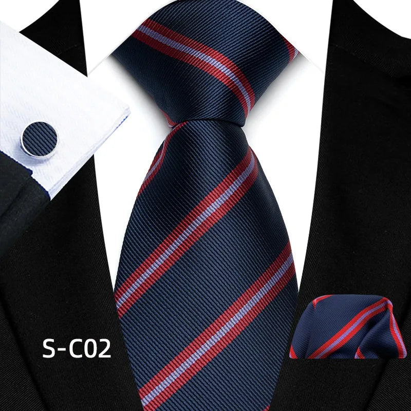 Business Mens Tie Luxury Striped 8cm NeckTie Pocket Square Cufflinks Set For Men Formal Fashion Wedding High Quality Gravata