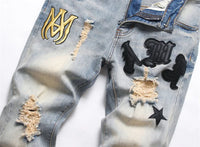 High Quality Men’s Slim-fit Blue Ripped Jeans,Light Luxury Embroidery Decorating Sexy Jeans,Stylish Street Fashion Jeans;