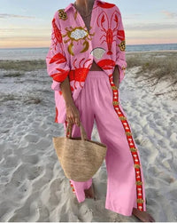 Boho Beach Holiday Print Shirt And Pants Two Pieces Sets Women Csaual Loose Long Sleeve Button Shirts Outfits Summer Pants Sets