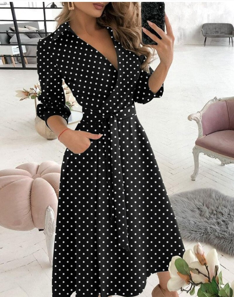 Spring/Summer Fashion Long sleeved V-neck Printed Hip Wrap Dress for Women