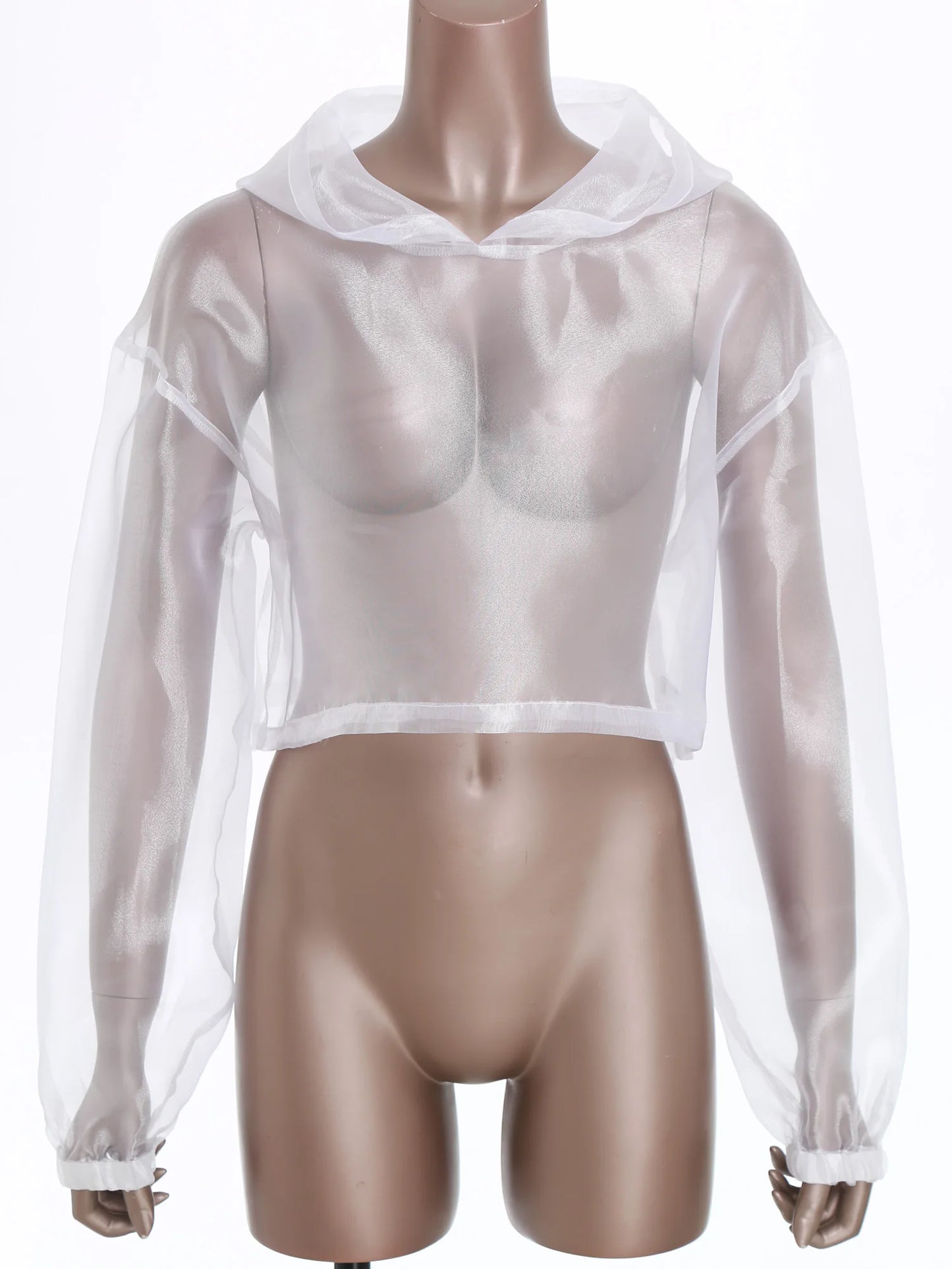 Womens Sparkly Transparent Hooded Top Holographic Long Sleeve Cropped Tee Shirts Festival Rave Outfits Pullover Hoodie Clubwear