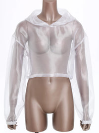 Womens Sparkly Transparent Hooded Top Holographic Long Sleeve Cropped Tee Shirts Festival Rave Outfits Pullover Hoodie Clubwear