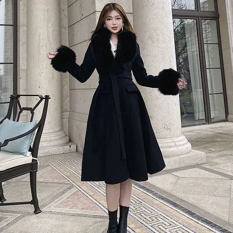 Winter 2025 Woolen Coat For Women Mid-Length Tie Slimming Fashionable Elegant Evening Dress Artificial Fur Collar Coats Female