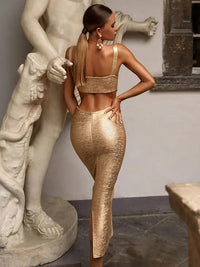 Women Summer Sexy Backless Hollow Out Midi Gold Bronzing Bodycon Bandage Dress 2023 Elegant Evening Club Party Dress