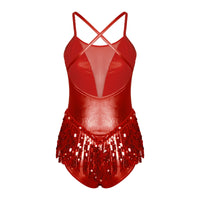 Womens Sparkly Tassel Bodysuit Sequins Gymnastics Ballet Dance Leotard Fringed Jumpsuits Latin Jazz Dance Performance Costume