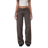 Women's versatile jeans, aesthetic solid color low rise zipper button trousers with pockets for everyday street wear