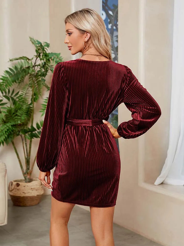 2023 Autumn Red Velvet Dress Women Long Sleeve V-neck Wrap Dress Mini Short Party Dresses for Women