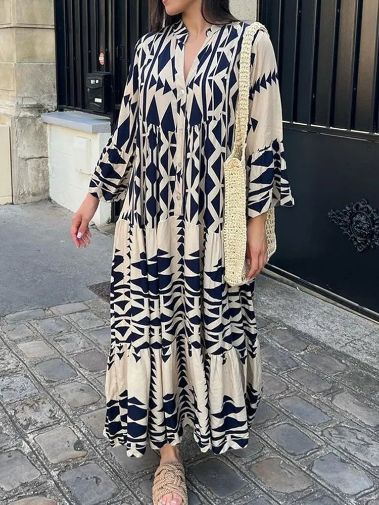 Women Vintage Print Maxi Dresses 2023 Summer V-Neck Long Sleeve Pleated Long Dresses Female Boho Beach Shirt Dress Casual Robe