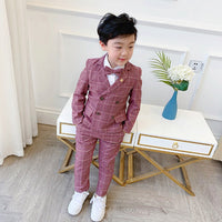 Flower Boys Formal Dress Suit Set Autumn Children Plaid Double Breasted Blazer Pants 2Pcs Clothes Set Kids Wedding Party Costume