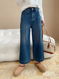 Women's casual solid color high waisted drawstring loose wide leg straight leg jeans, small stature