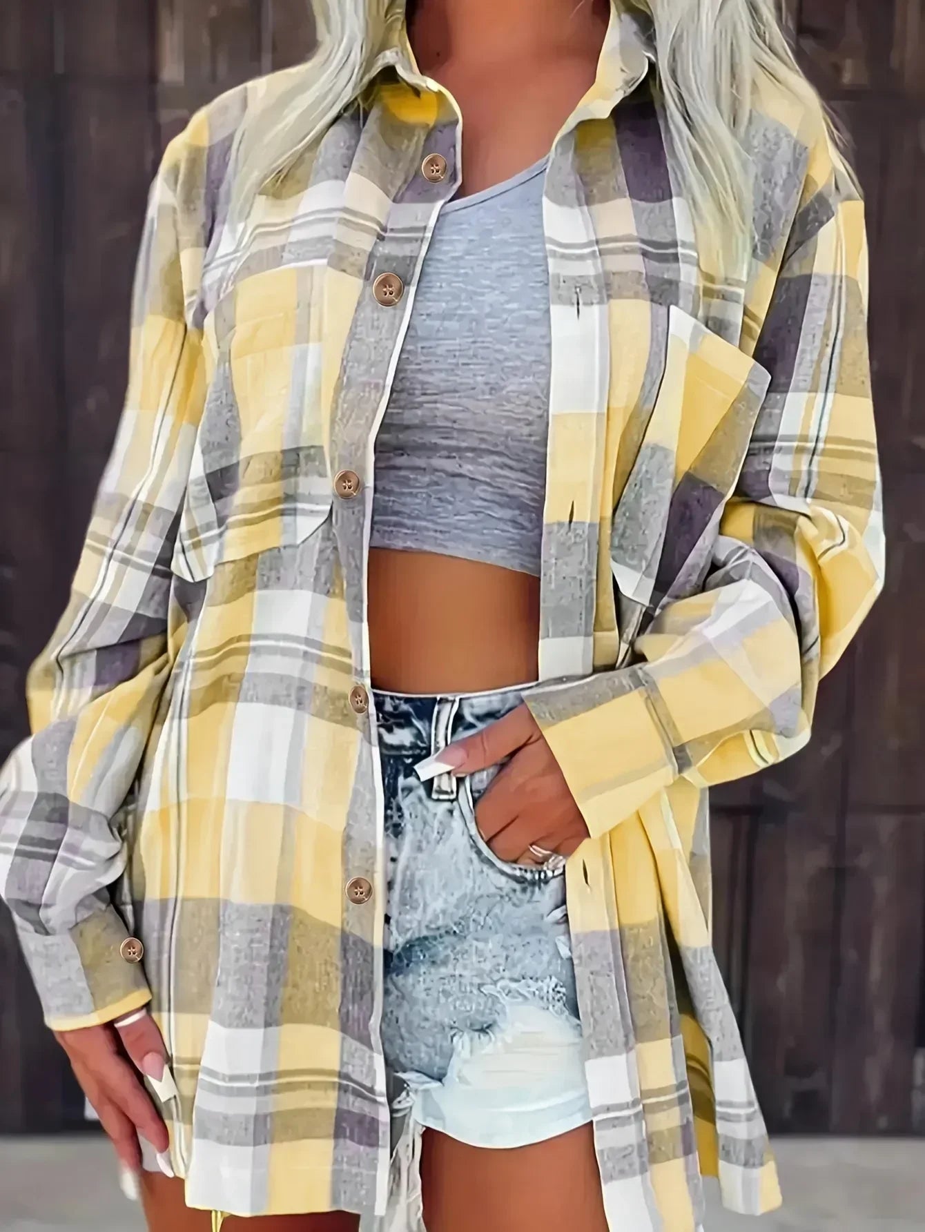 Women Plus Size Fashion Plaid Printed Shirt Casual Loose Long Sleeved Shirt  Lapel Design Shirt Tops