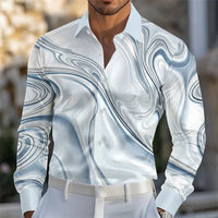 Men's shirt abstract liquid art 3D print shirt, spring and autumn lapel long-sleeved shirt, fashionable casual men's top