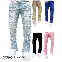 High Street White Men's Stacked Jeans Stretched Patchwork Tassel Damaged Denim Full Length Pants Hip-pop Trousers For Male ﻿