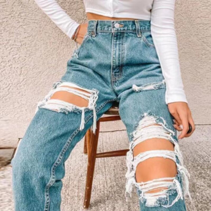 Women Hole Straight Hollow Cargo Pants Women Baggy High Waisted Pants Ripped Jeans Mom Jeans Fashion Blue Wide Leg Trousers Y2k