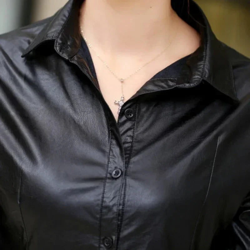 Women Blouses Spring New Shirt Temperament Slim Thin Long-sleeved  tops Women Shirts PU Leather Shirt Big Size Women Tops M2365
