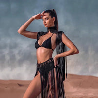 Leosoxs Hand Crochet Knitted Women Bikini Cover Ups Summer Holiday Tassel Beach Bathing Suit Sexy Hollow Out Skirts Matching Set