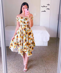 Vestido Bohemio Informal Holgado De Verano Para Mujer, Manga Corta, Cuello En V, Cintura Alta Elástica, 2025