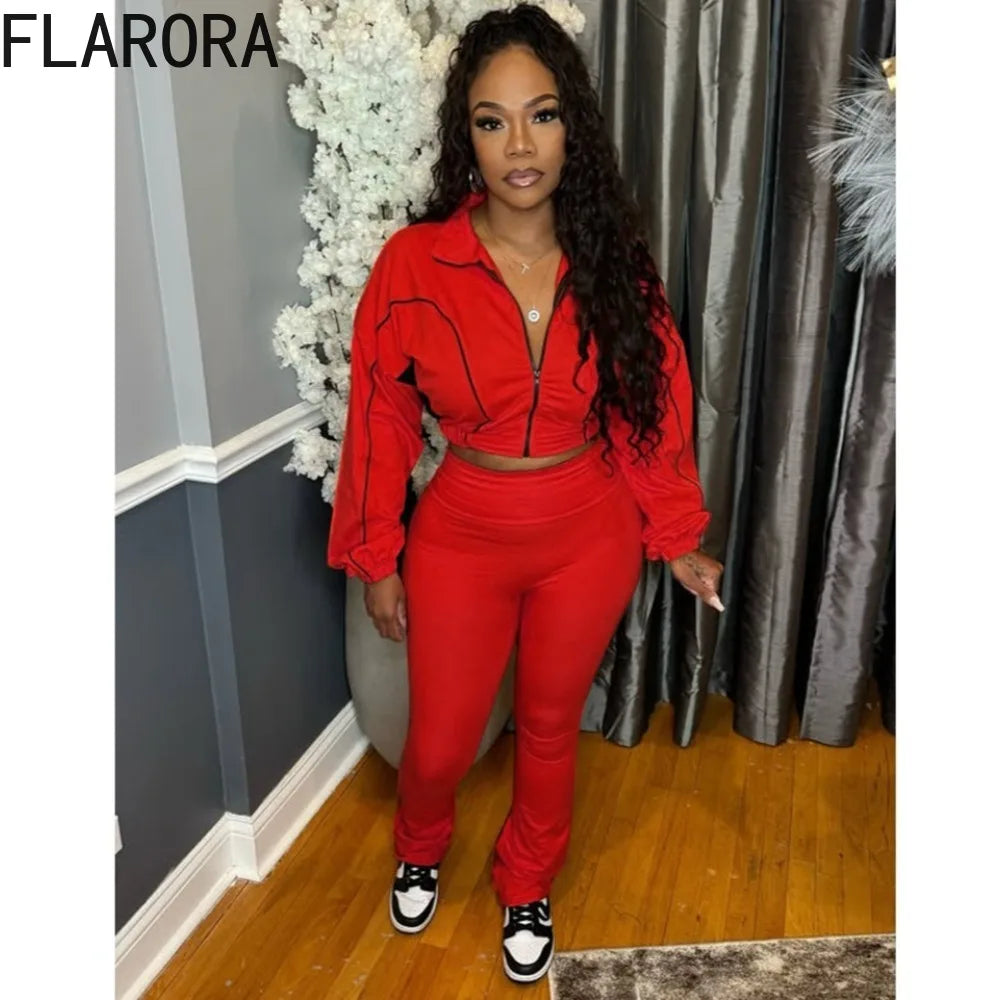 FLARORA Fashion Stripe Patchwork 2 Pcs Sets Woman Long Sleeve Zip Crop Jackets And Flare Pants Outfits Casual Street Tracksuits
