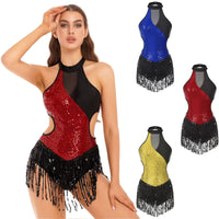 Shiny Sequined Latin Dance Dress Womens Adult Chacha Rumba Sparkly Leotard with Sparkly Tassel Skirts Jazz Performance Dancewear