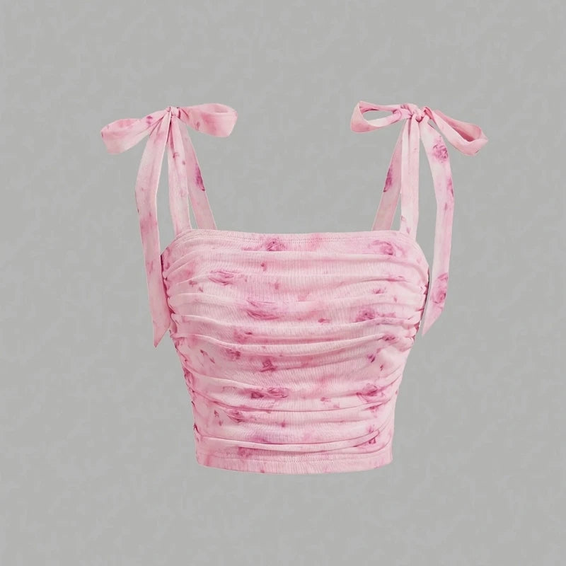 Solid Tie Shoulder Ruched Wide Strap Slim Fit Crop Top for Women Summer 2025 Y2K Clothes Pink Backless Cami Top Streetwear