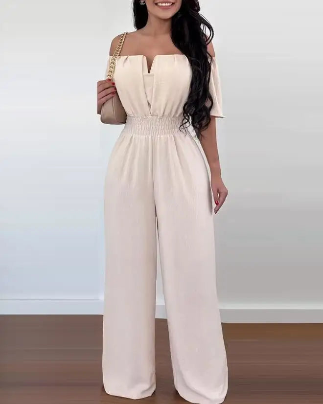 Jumpsuits for Women 2025 Spring Fashion Off Shoulder Casual Plain Short Sleeve Shirred Waist Daily Long Wide Leg Jumpsuit 2025
